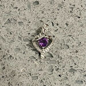.925 Sterling Silver Amethyst Heart Pendant with Rhinestones and Rose Detail